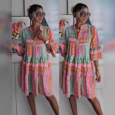 Boho Chic Women's Dress with Woven Patterns and Short Sleeves