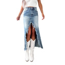 Women's Asymmetrical Denim Skirt with Fringed Hem