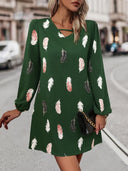 Chic Feather Print Women's Dress with V-Neck Design