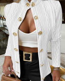 Chic Knit Blazer with Gold Buttons and Stand-Up Collar