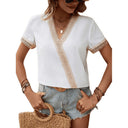 Chic V-Neck Blouse with Lace Trim