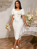 Elegant Wedding Dress with Square Neckline & Floral Accents