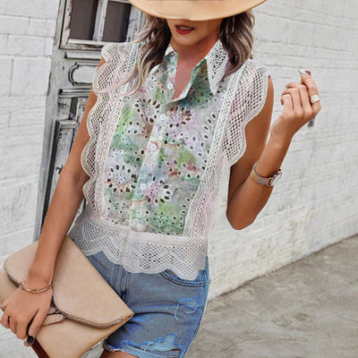 Chic Lace-Trimmed Blouse with Cut-Out Sleeves for Women
