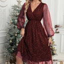 Glamorous Midi Dress with Sheer Puff Sleeves and Sequin Design