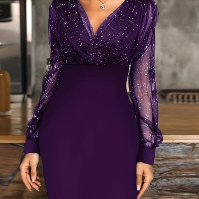 Stylish Glitter Cocktail Dress with Sheer Sleeves