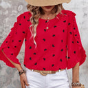 Chic Heart Pattern Blouse with Ruffle Accents