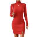 Fitted Ribbed Dress with High Collar & Side Slit