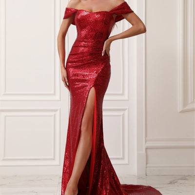 Stunning Evening Dress with Deep Neckline and High Slits