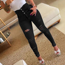 High-Waisted Ripped Skinny Jeans with Button Accent for Women