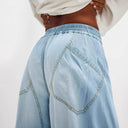 Stylish Women's Loose Denim Jeans with Elastic Waistband and Functional Pockets