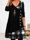 Asymmetrical Women's Dress with Checked Hem & Button Detail