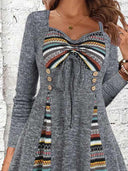 Unique Patterned Women's Dress with Button-Embellished Waist