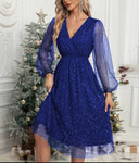 Glamorous Midi Dress with Sheer Puff Sleeves and Sequin Design