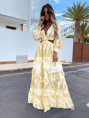 Chic Women's Maxi Dress with V-Neck and Flirty Ruffles
