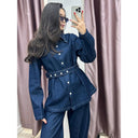 Vintage Denim Blazer Set with Waist Belt