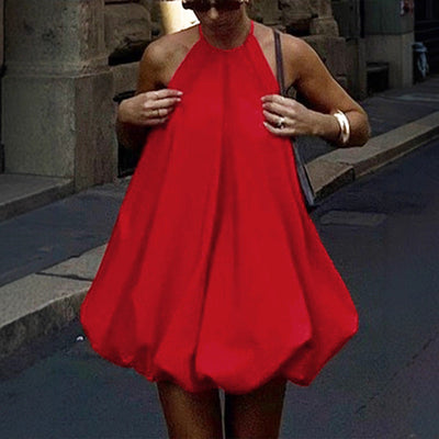 Chic Halter Mini Dress with Flared Skirt and Elastic Waist