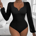 Women's Bodysuit with Romantic Puff Sleeves and V-Neck Design