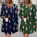 Chic Feather Print Women's Dress with V-Neck Design
