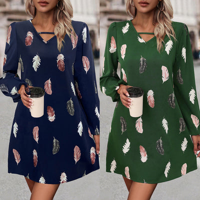 Chic Feather Print Women's Dress with V-Neck Design