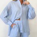 Women's Short Sleeve Striped Blouse Set with Waistband