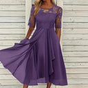Ladies Lace Sleeve Midi Dress with Flared Skirt