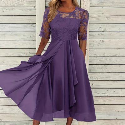 Ladies Lace Sleeve Midi Dress with Flared Skirt