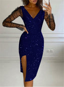 Chic Evening Dress with Sheer Sleeves and Side Slit