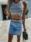 Trendy High-Waisted Denim Skirt with Chic Belt