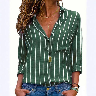 Stylish Vertical Striped Women's Blouse with Pocket
