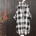 Chic Oversized Checkered Blouse for Women with Long Roll-Up Sleeves