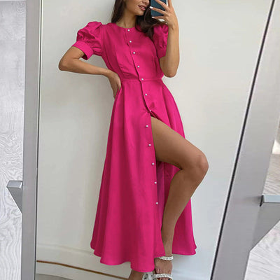 Chic High Neck Women's Shirt Dress with Side Slit