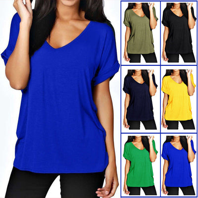 Chic V-Neck T-Shirt with Rolled Sleeves for Women