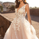 Floral Appliqué Wedding Dress with Tulle Overlay