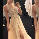 Chic Evening Dress with High-Slit and Glittering Appliqué