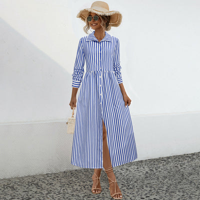 Chic Women's Vertical Striped Shirt Dress with Button Placket