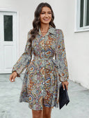 Bohemian-Inspired Women's Shirt Dress with Waist Belt and Vibrant Print