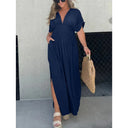 Chic Women's Maxi Dress with Deep V-Neck & Side Pockets