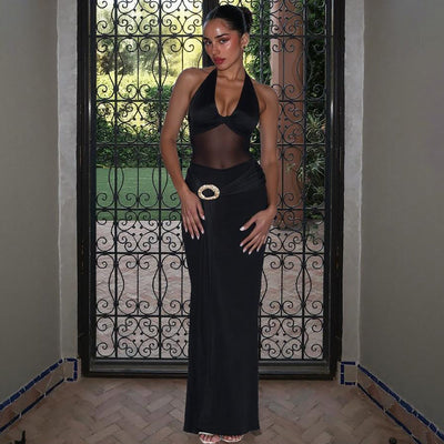 Chic Maxi Overlay Dress with Sheer Accents and Stylish Belt