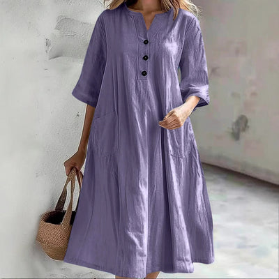 Chic Cotton Dress with Button Placket and Handy Pockets
