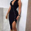 Women's Fitted Midi Dress with Button Detail and Side Slit