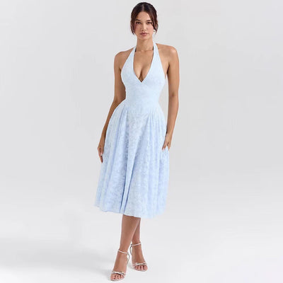 Chic Midi Dress with Deep V-Neck and Flowing Skirt
