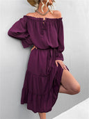 Women's Off-Shoulder Ruffled Dress with Waist Belt