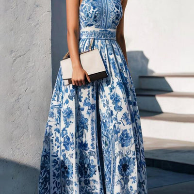 Floral Collared Maxi Dress with Flared Skirt