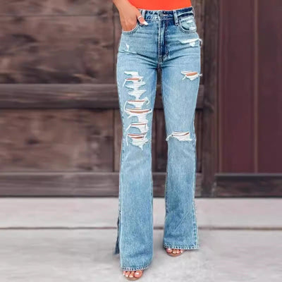 Trendy Women's Distressed Flared Jeans with Side Slits