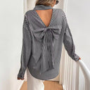 Women's Striped Blouse with Back Cutout & Bow Accent