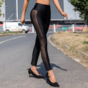 Chic Women's High-Shine Leggings with Mesh Inserts and Rhinestone Accents