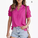 Ruffled Sleeve Short Sleeve Blouse with Stand-Up Collar