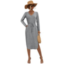 Chic V-Neck Midi Dress with Adjustable Waist Tie