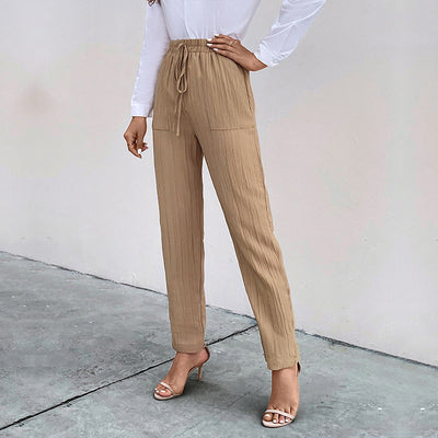Stylish Women's High-Waist Pants with Elastic Waist and Pockets