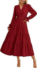 Chic Women's Maxi Dress with Button Details and Flowing Sleeves
